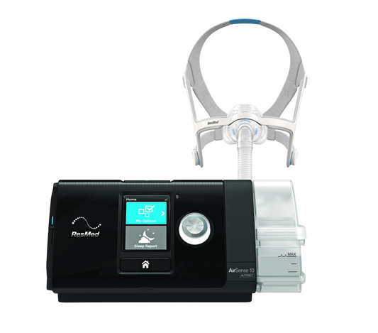 An image of the ResMed AirSense 10 AutoSet CPAP Machine with a N20 mask, showcasing the device's front view with visible control buttons, LED indicators, and a mask attachment.