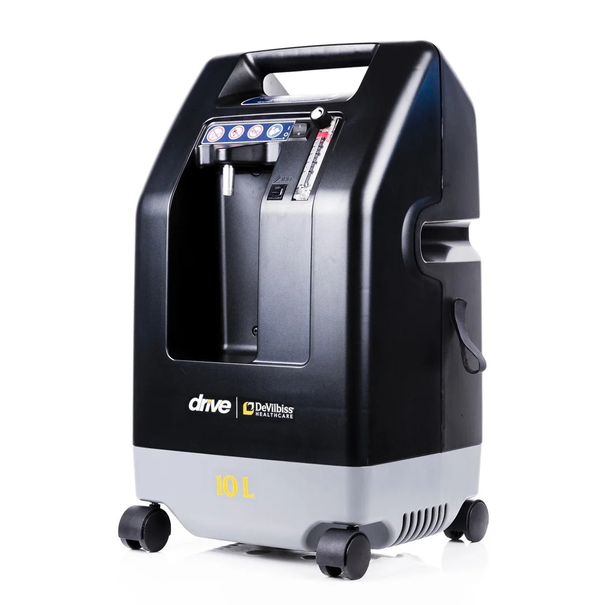 A black and gray 10L oxygen concentrator by Drive DeVilbiss with wheels and a digital display.
