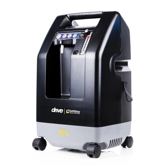 A black and gray 10L oxygen concentrator by Drive DeVilbiss with wheels and a digital display.