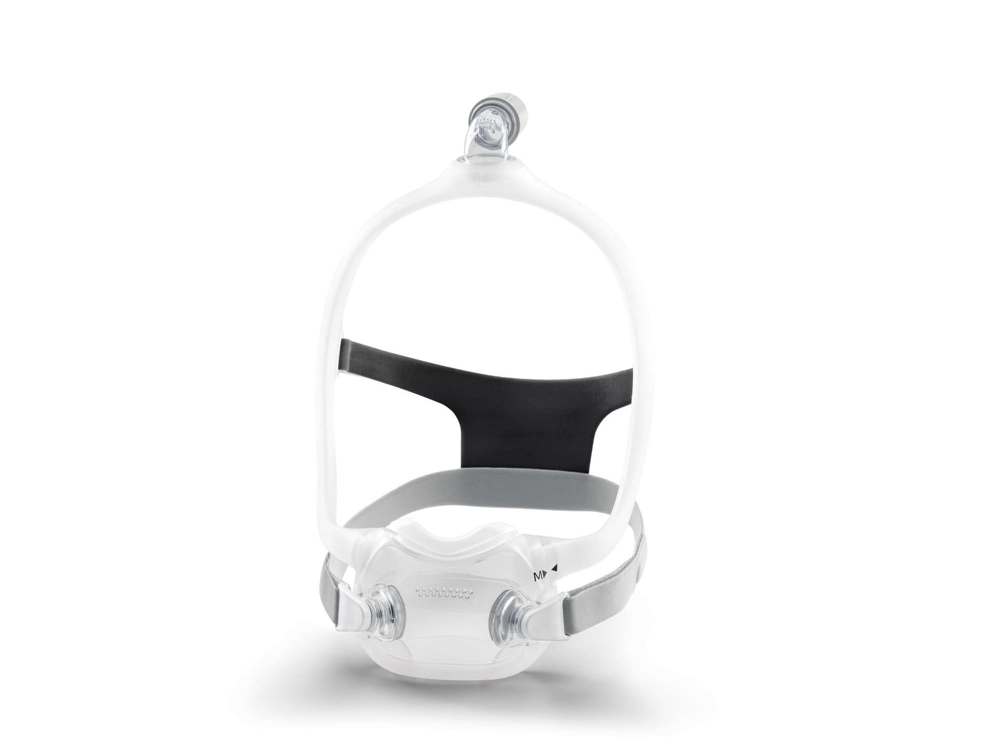 A white and black DreamWear full face CPAP mask with magnetic clips and a quiet venting system.