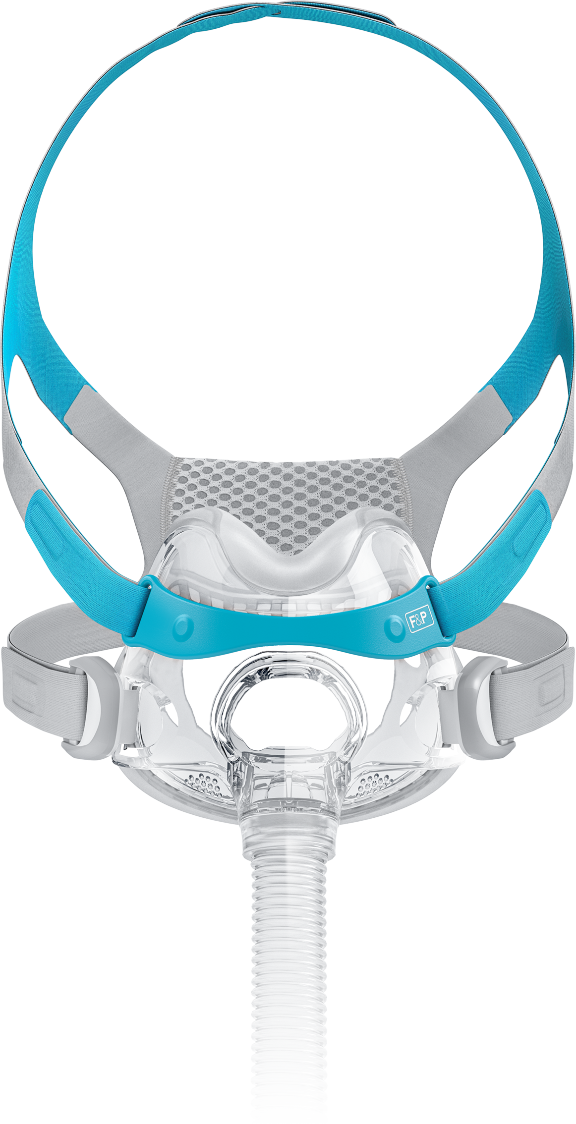 An image of the Evora Full Face CPAP Mask, featuring a transparent front panel with blue accents and adjustable headgear.