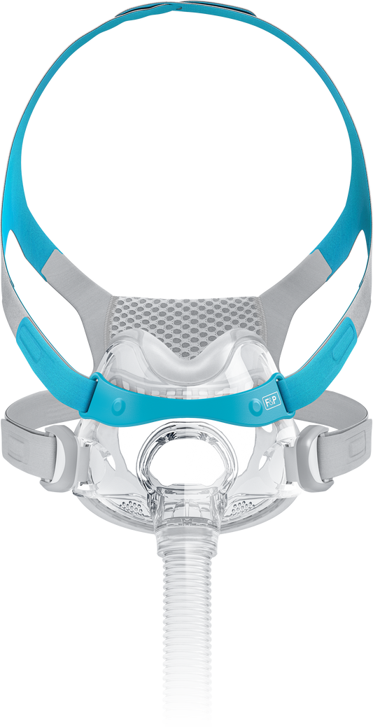 An image of the Evora Full Face CPAP Mask, featuring a transparent front panel with blue accents and adjustable headgear.