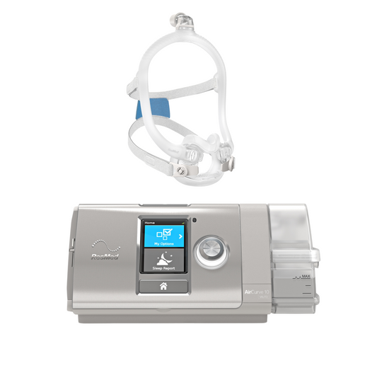 An AirCurve 10 VAuto BiLevel Machine with a F30i Mask by ResMed. The device is displayed with a CPAP mask attached and a digital screen visible.