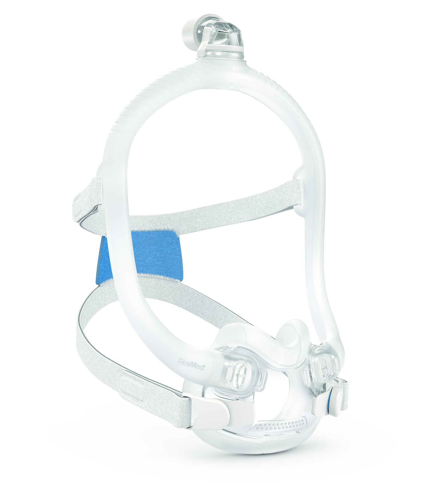 An AirFit F30i Full Face CPAP Mask with a transparent front, gray frame, and blue adjustment straps.