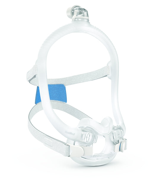 An AirFit F30i Full Face CPAP Mask with a transparent front, gray frame, and blue adjustment straps.