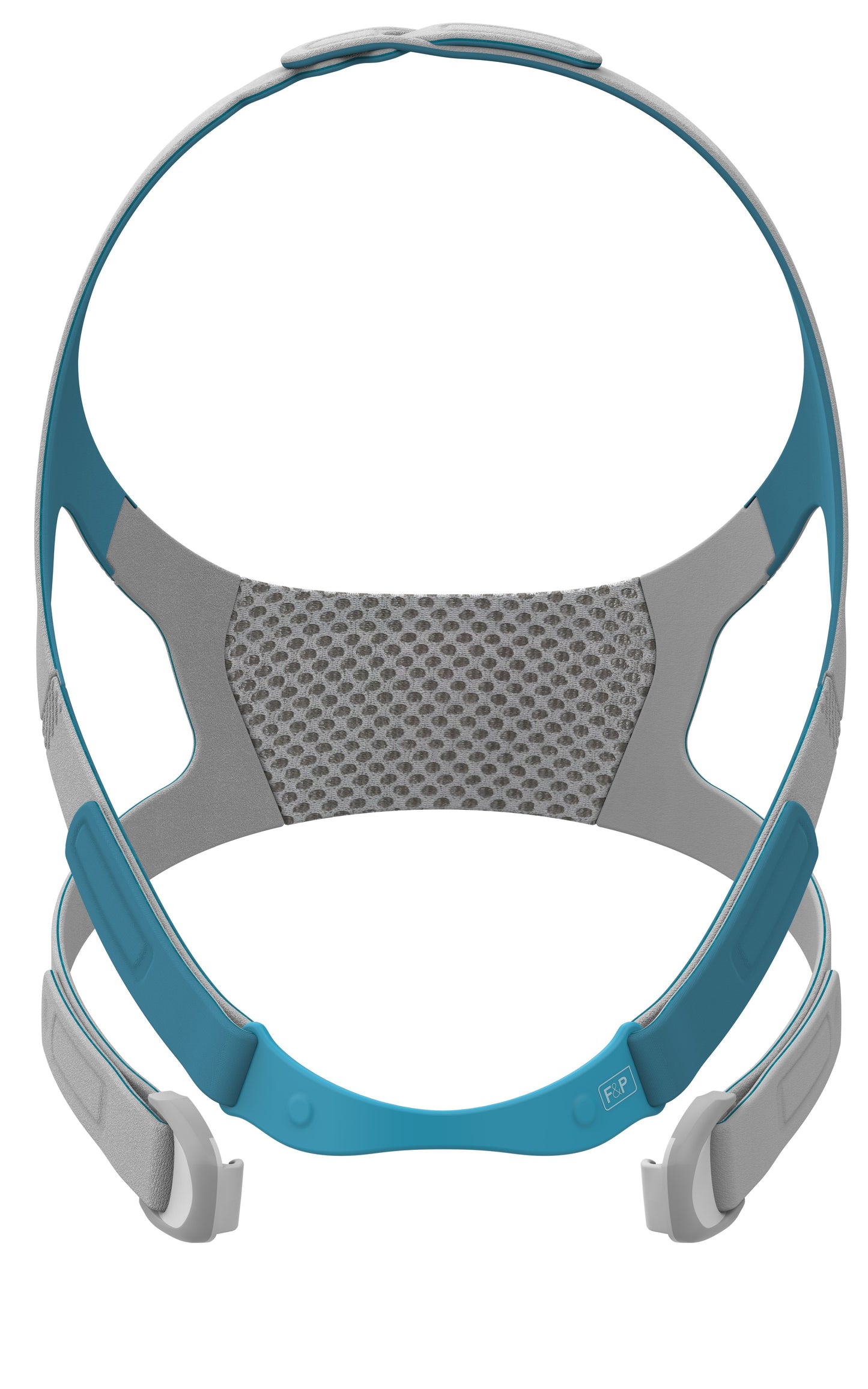 The Fisher & Paykel Evora Full Face Mask Headgear with adjustable straps and a quick-release clip, primarily blue and gray in color.