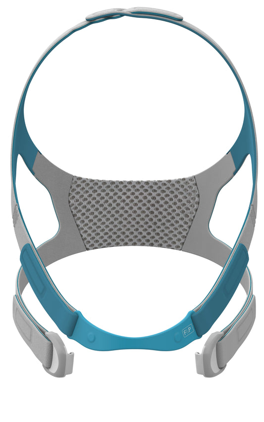 The Fisher & Paykel Evora Full Face Mask Headgear with adjustable straps and a quick-release clip, primarily blue and gray in color.