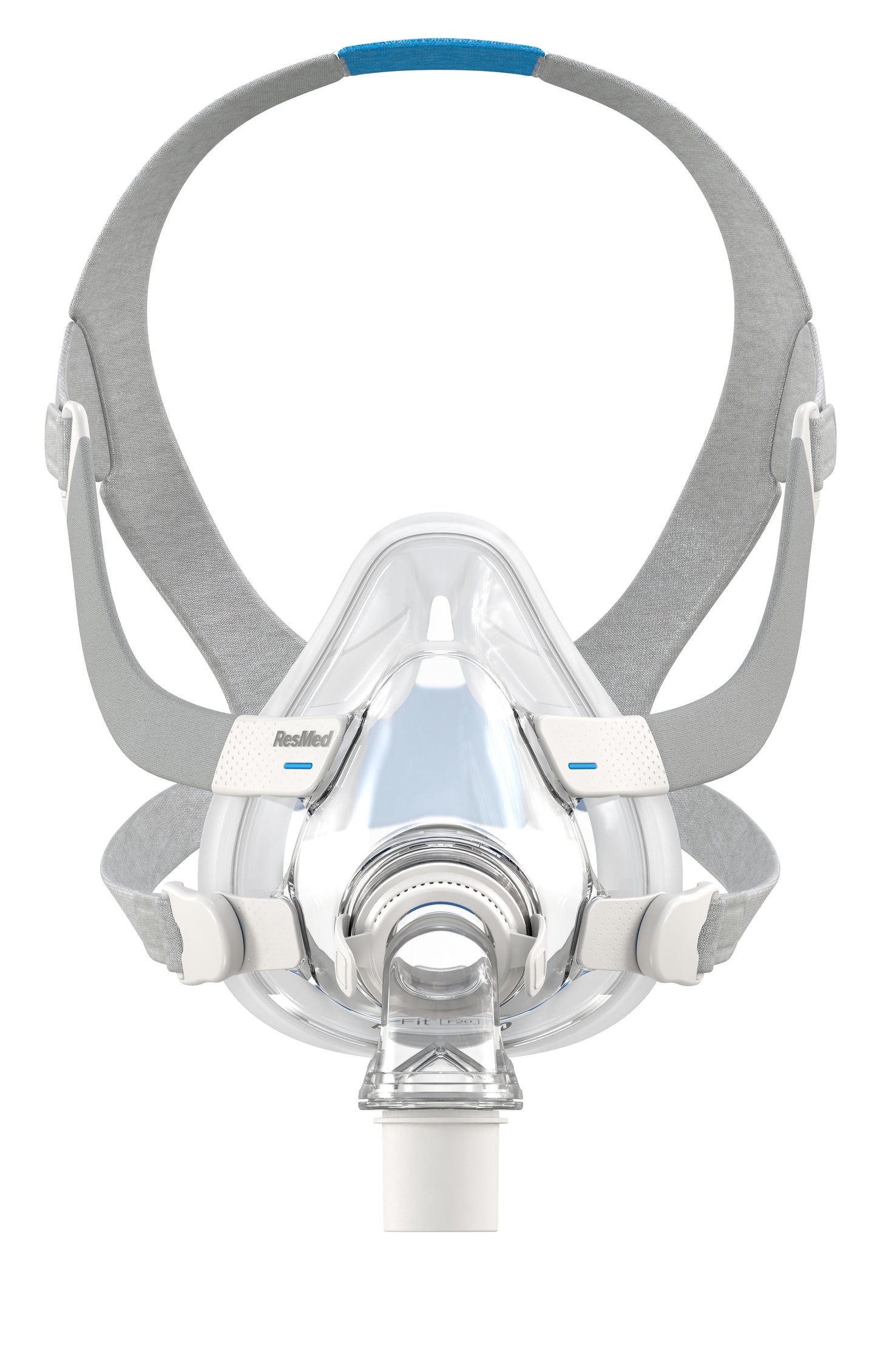 An AirFit F20 Full Face CPAP Mask by ResMed with a flexible frame, integrated padding, and magnetic clips.