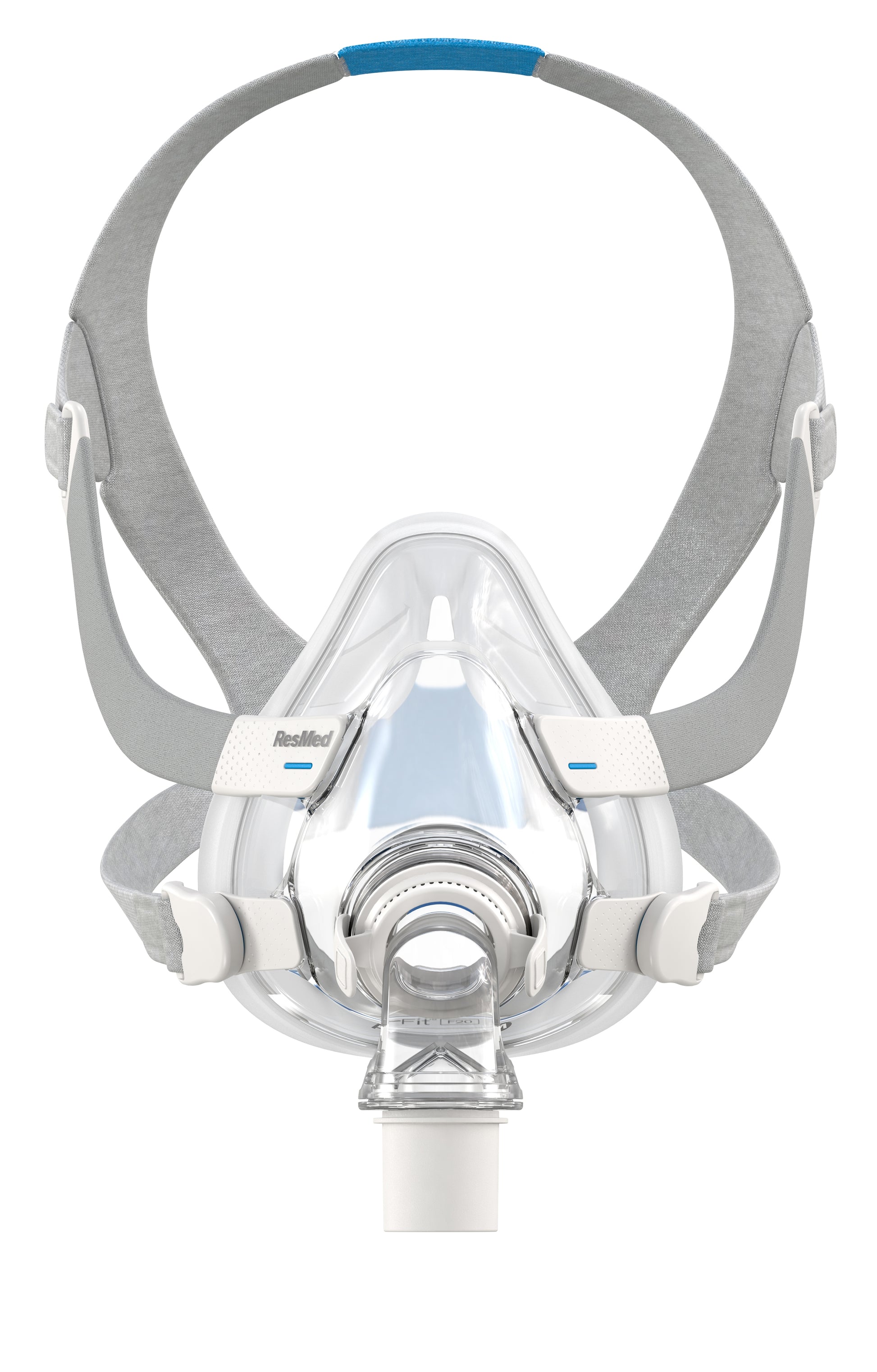 An AirFit F20 Full Face CPAP Mask by ResMed with a flexible frame, integrated padding, and magnetic clips.