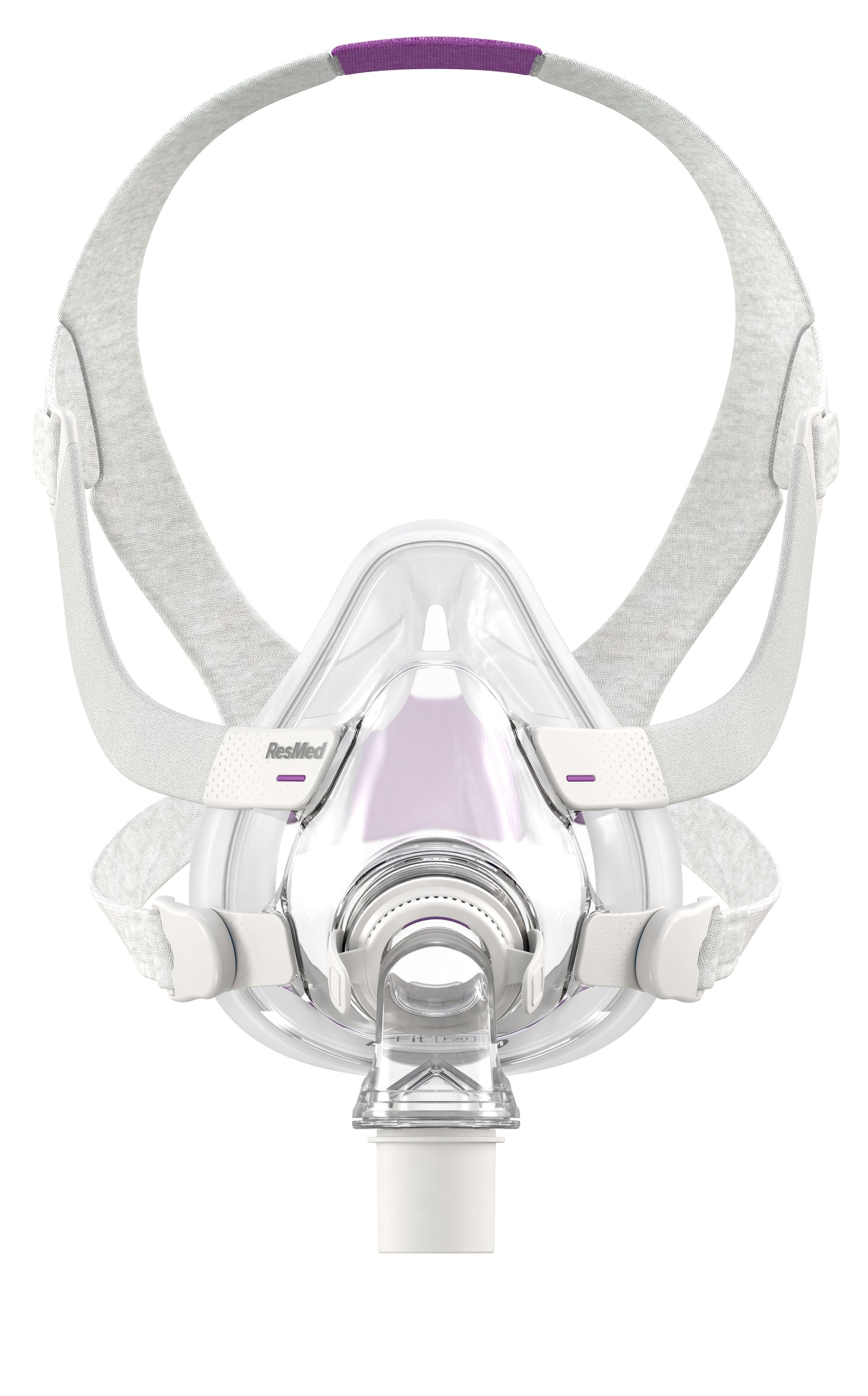 The Airfit F20 For Her Full Face CPAP Mask with a transparent front, gray frame, and purple details.