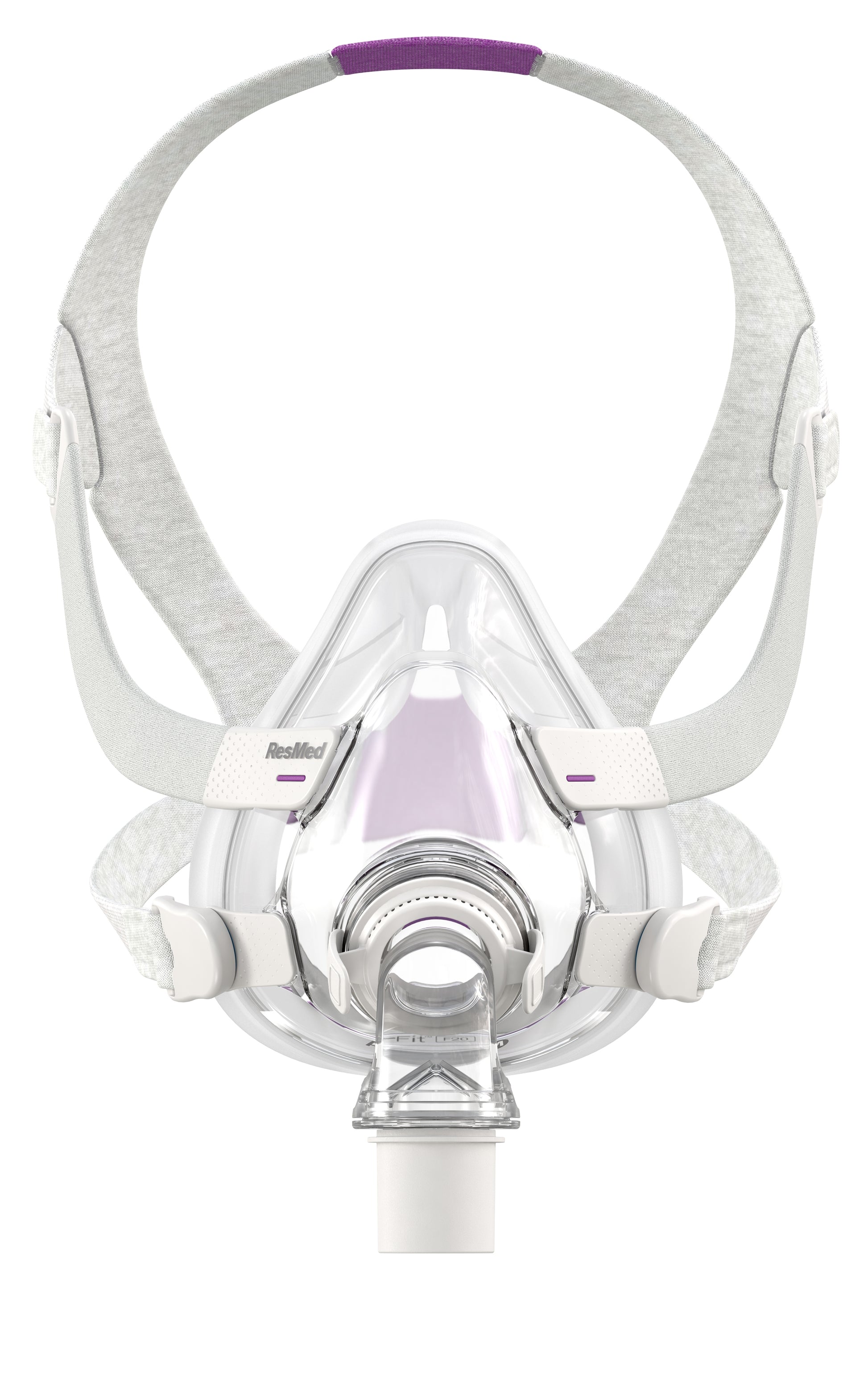 The Airfit F20 For Her Full Face CPAP Mask with a transparent front, gray frame, and purple details.