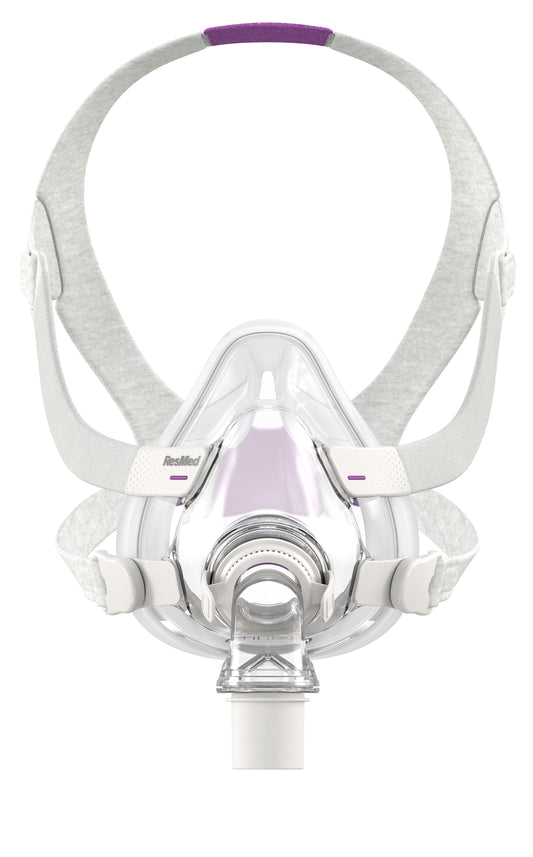 The Airfit F20 For Her Full Face CPAP Mask with a transparent front, gray frame, and purple details.