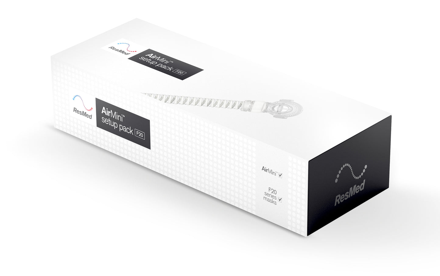 Packaging box for the ResMed AirMini F20 Full Face Mask Pack, predominantly white with product branding and name visible.