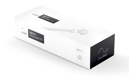 Packaging box for the ResMed AirMini F20 Full Face Mask Pack, predominantly white with product branding and name visible.