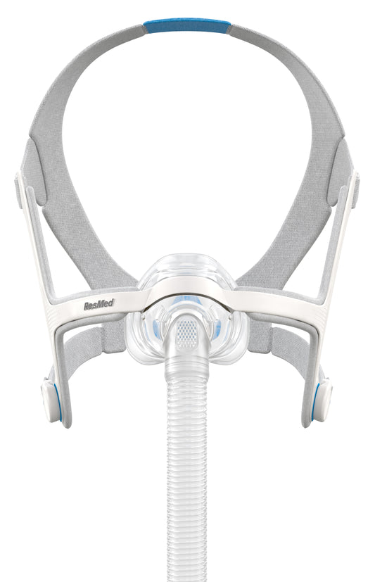 A ResMed AirFit N20 nasal face CPAP mask, showing the mask frame in gray color with a transparent cushion and a tubing attached to the mask.
