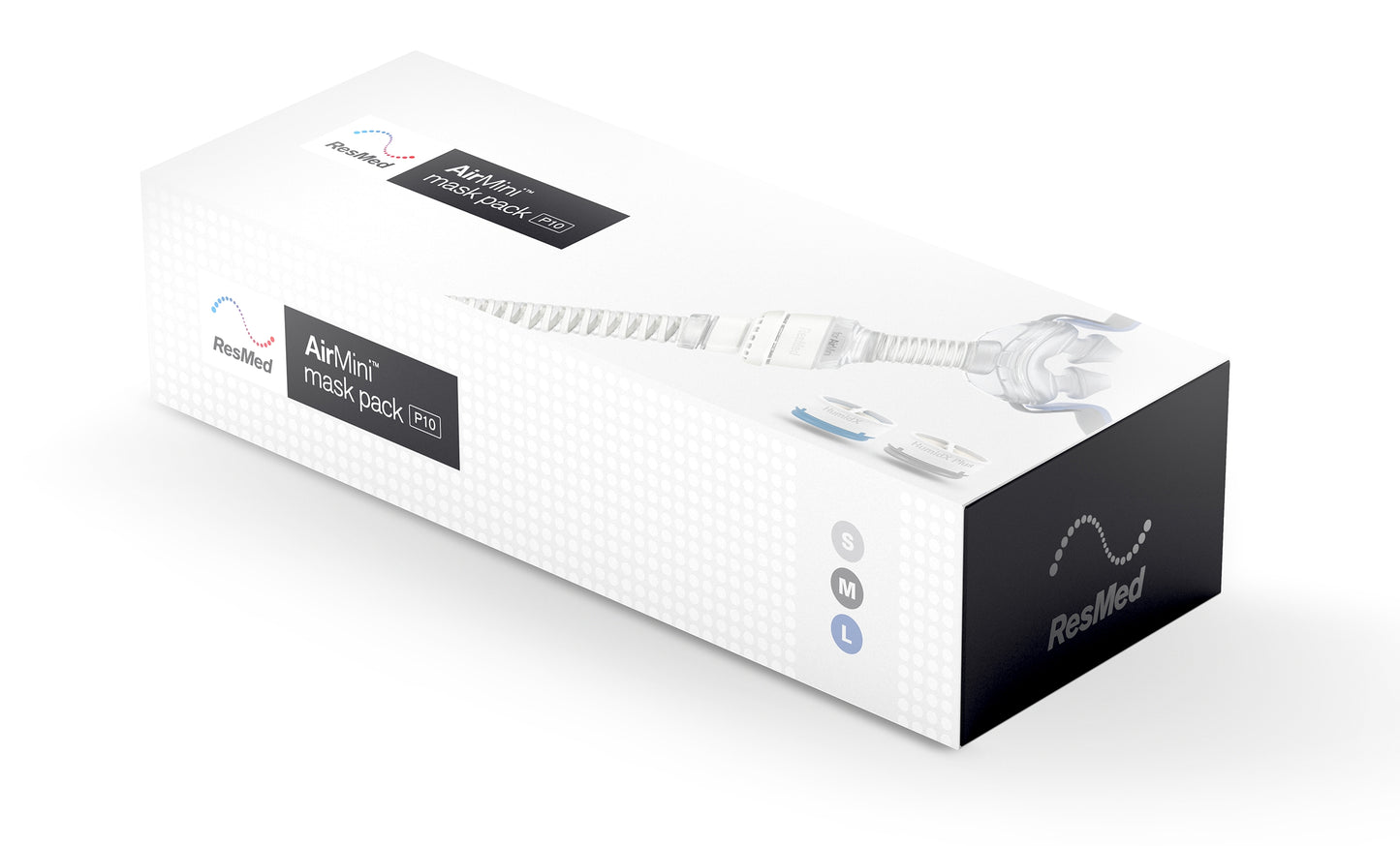 Packaging box for ResMed AirMini P10 Nasal Pillow Mask Set-up Pack, predominantly white with product images and brand logos.