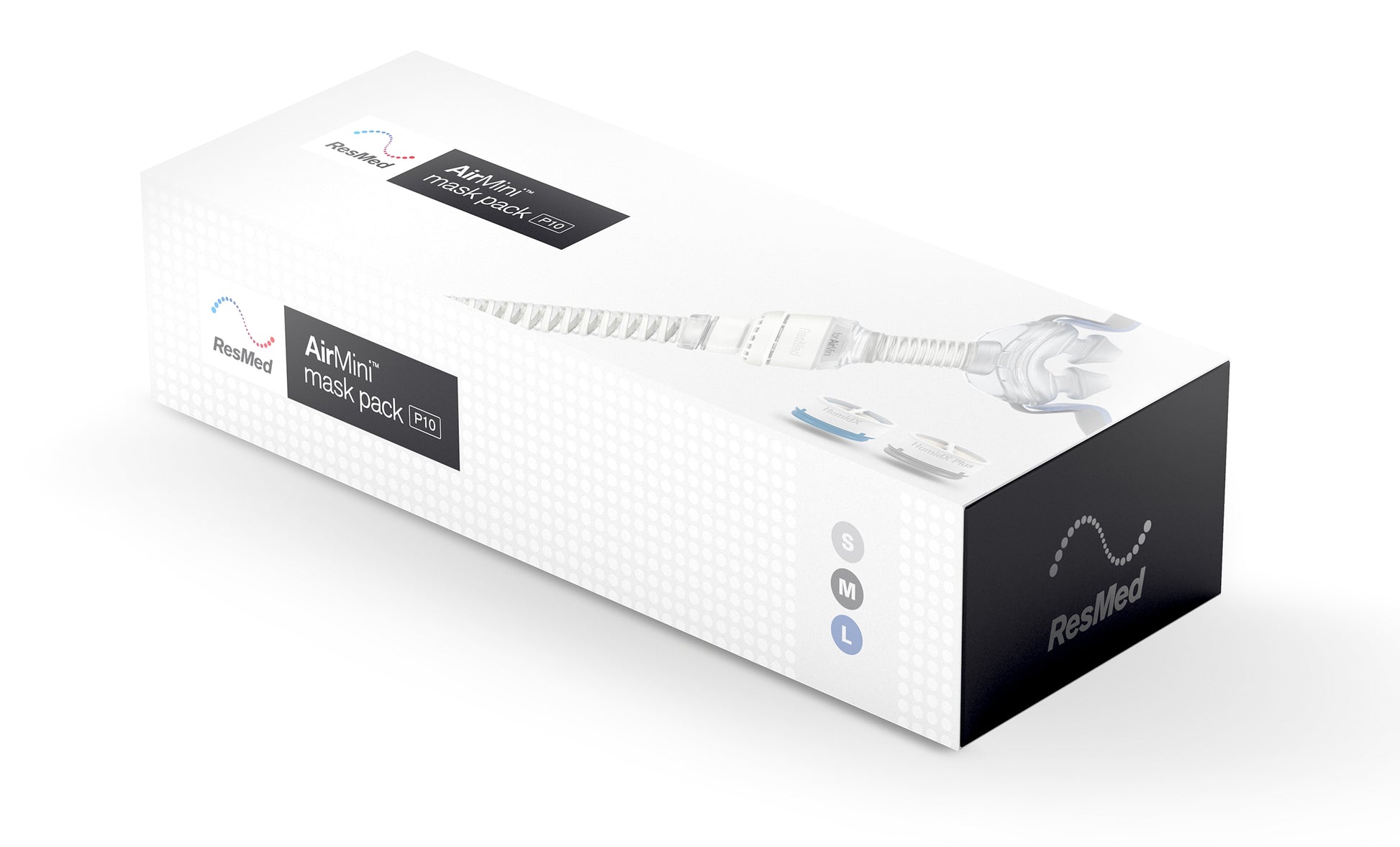 Packaging box for ResMed AirMini P10 Nasal Pillow Mask Set-up Pack, predominantly white with product images and brand logos.