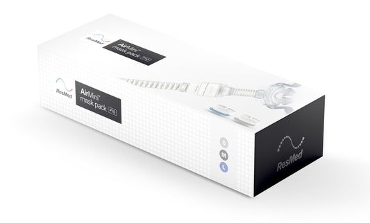 Packaging box for ResMed AirMini P10 Nasal Pillow Mask Set-up Pack, predominantly white with product images and brand logos.
