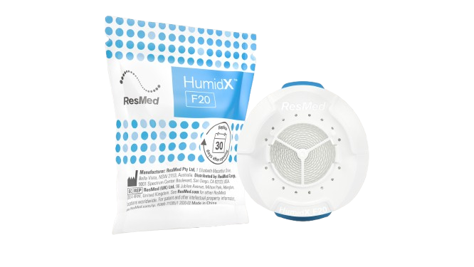 A product image featuring a package and a cartridge for ResMed AirMini HumidX, which is designed for use with AirFit/AirTouch F20 CPAP machines.