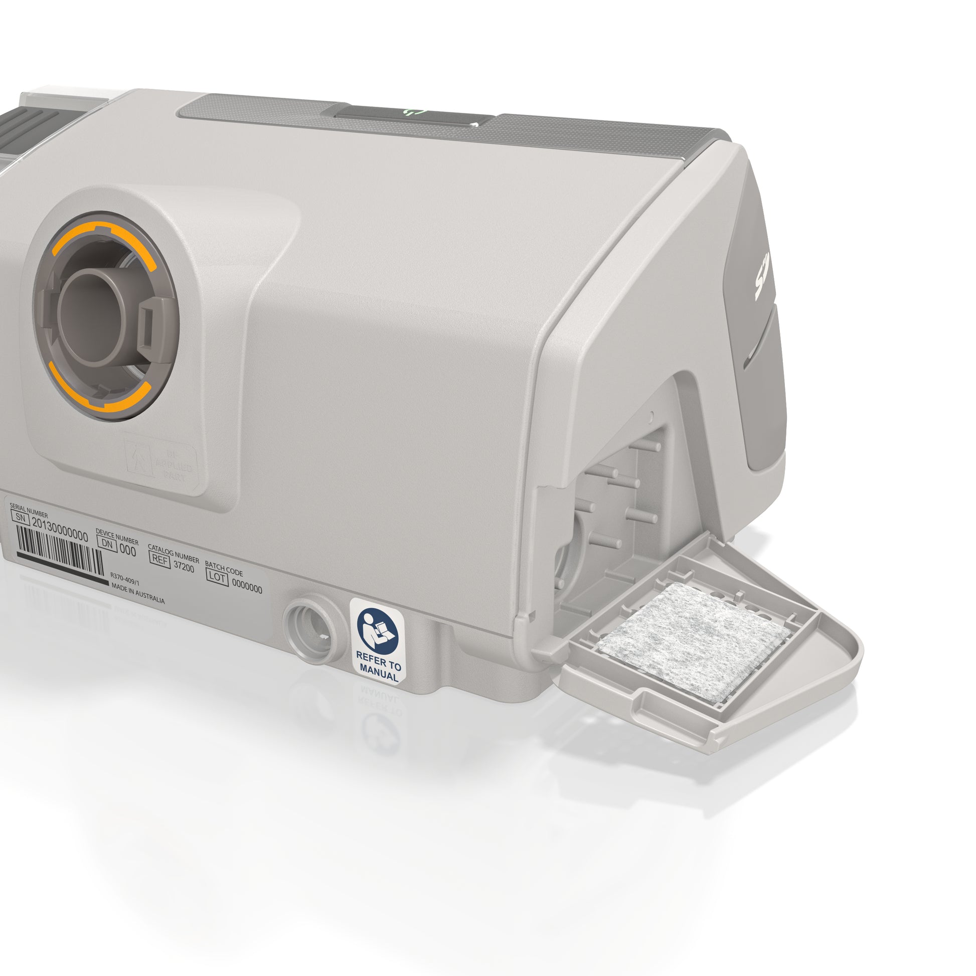 The ResMed AirSense 10 CPAP machine with a slot for the filter.