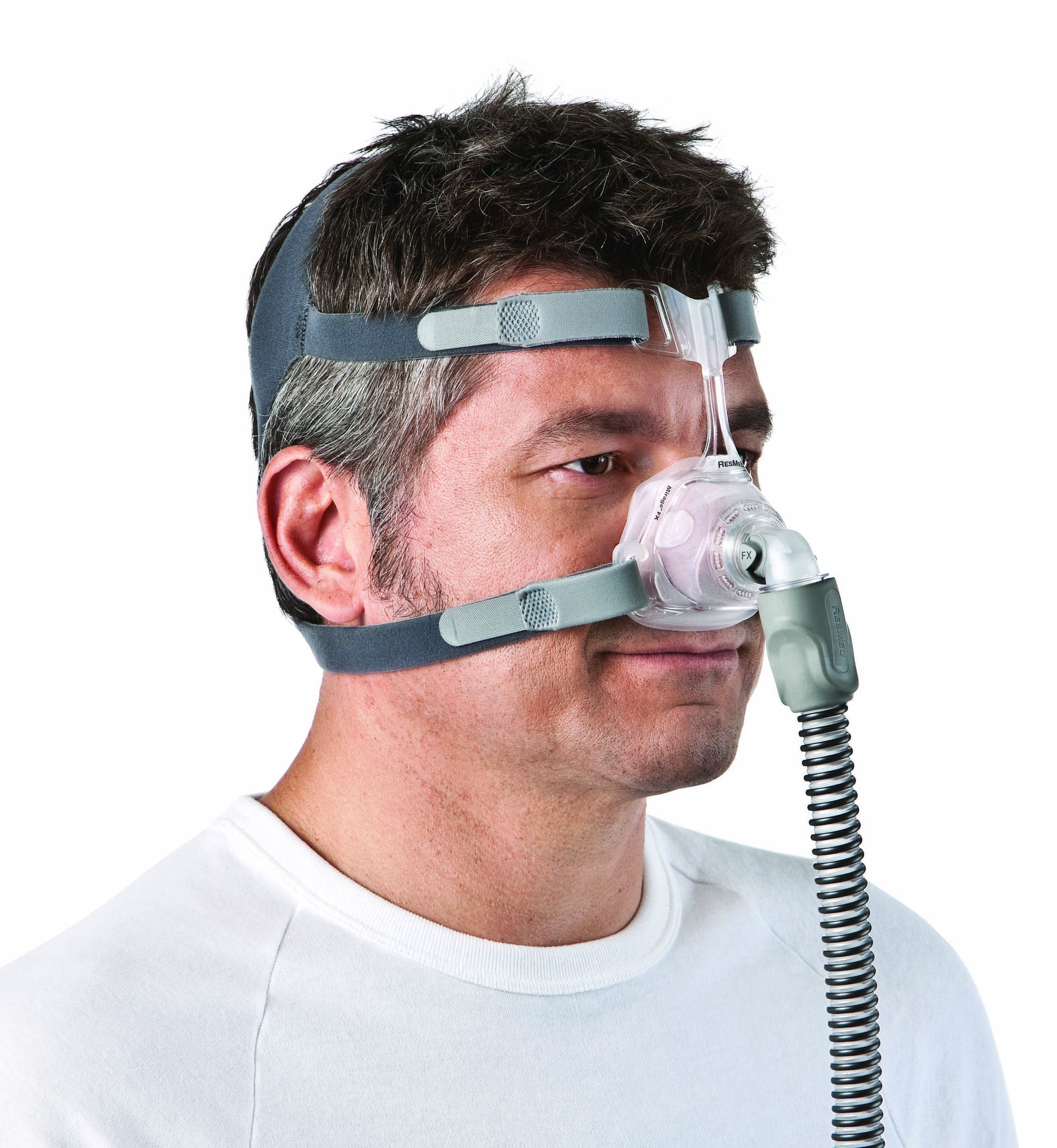 a man comfortably wearing the Mirage FX Nasal CPAP Mask