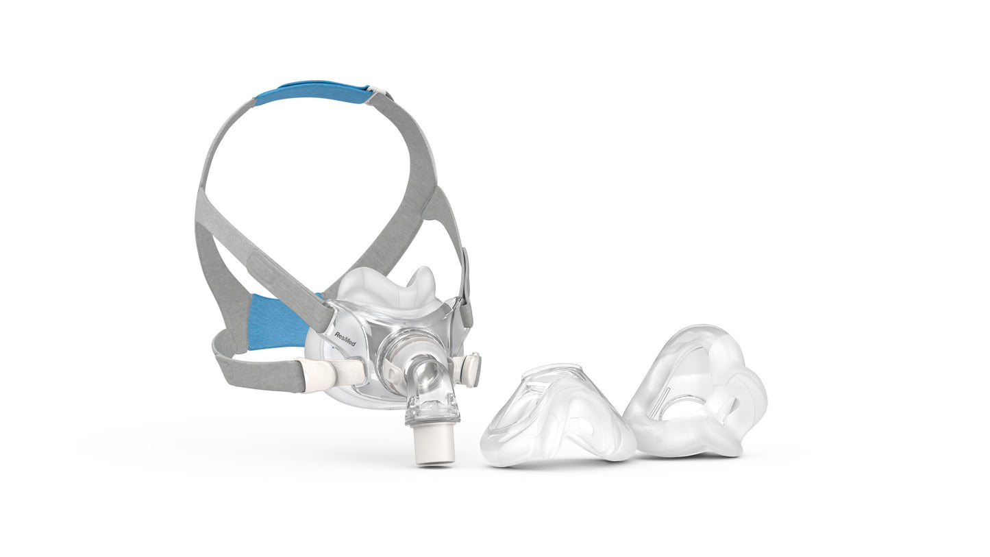 ResMed AirFit F30 full face CPAP mask with headgear and cushion.