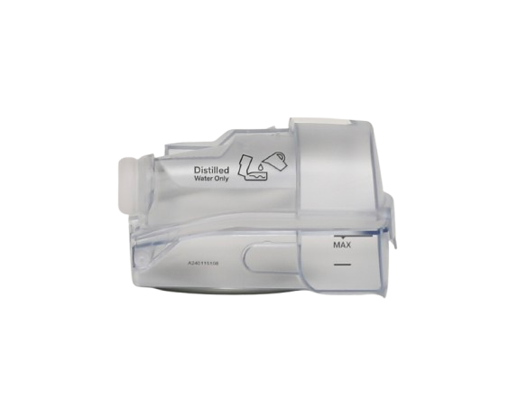 The other side view of HumidAir Standard Tub for AirSense 10 and AirCurve 10 by ResMed, with water level and caution saying "Distilled Water Only"