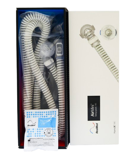 An opened packaging box of the AirMini F20 Full face Mask Set-up Pack for ResMed AirMini travel CPAP Machine