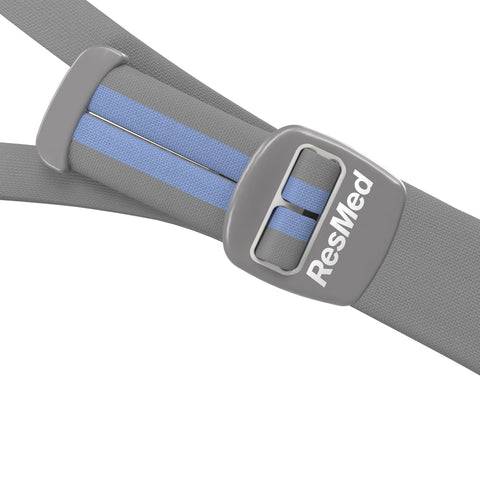ResMed headgear blue and gray strap with a gray buckle.