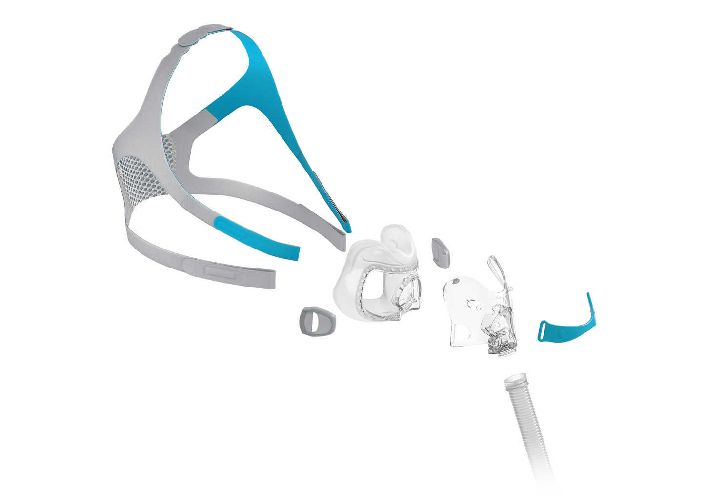 An exploded view of the Evora Full Face CPAP Mask