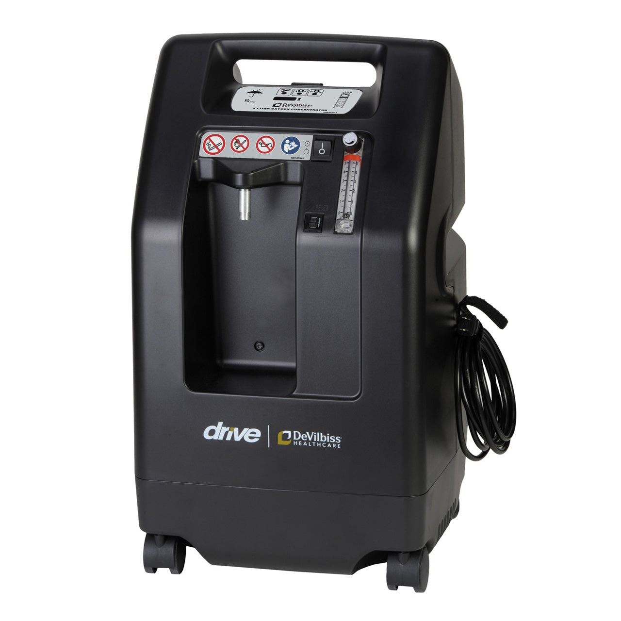 A black 5 Liter Oxygen Concentrator with a digital display and several control buttons, set on a white background.