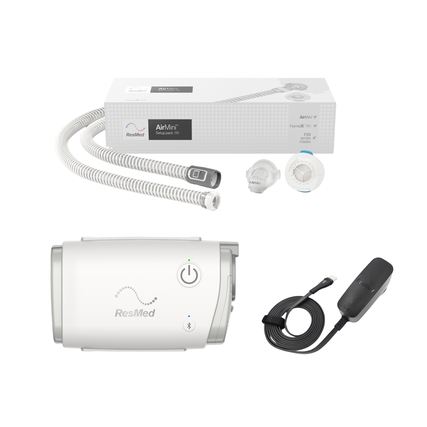 The ResMed Airmini Autoset Travel CPAP Machine and AirMini F20 Full face Mask Set-up Pack