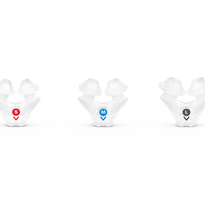 Three clear nasal pillows (Small, Medium, Large)