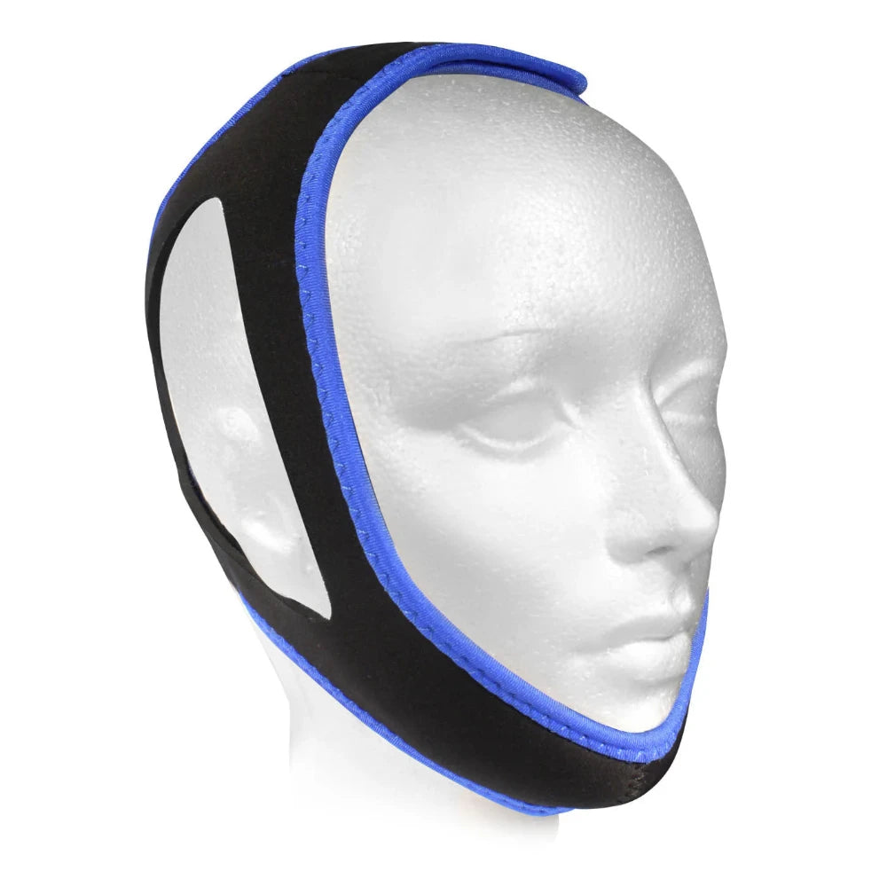 A mannequin head wearing a blue and black Morpheus Deluxe chin strap designed for CPAPology