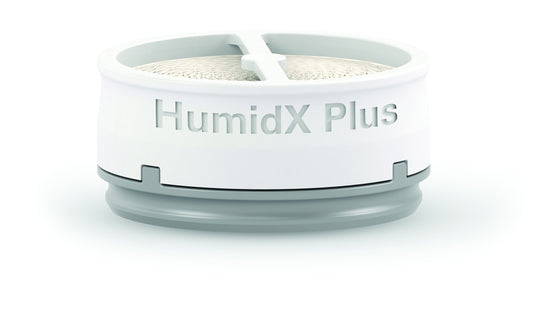 A white and gray HumidX Plus cartridge for the AirMini Travel CPAP Machine, with the brand name visible on the product.
