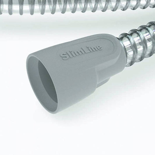 Close-up image of the connector of SlimLine Tubing for ResMed CPAP Machines. The word "SlimLine" is embossed in the material