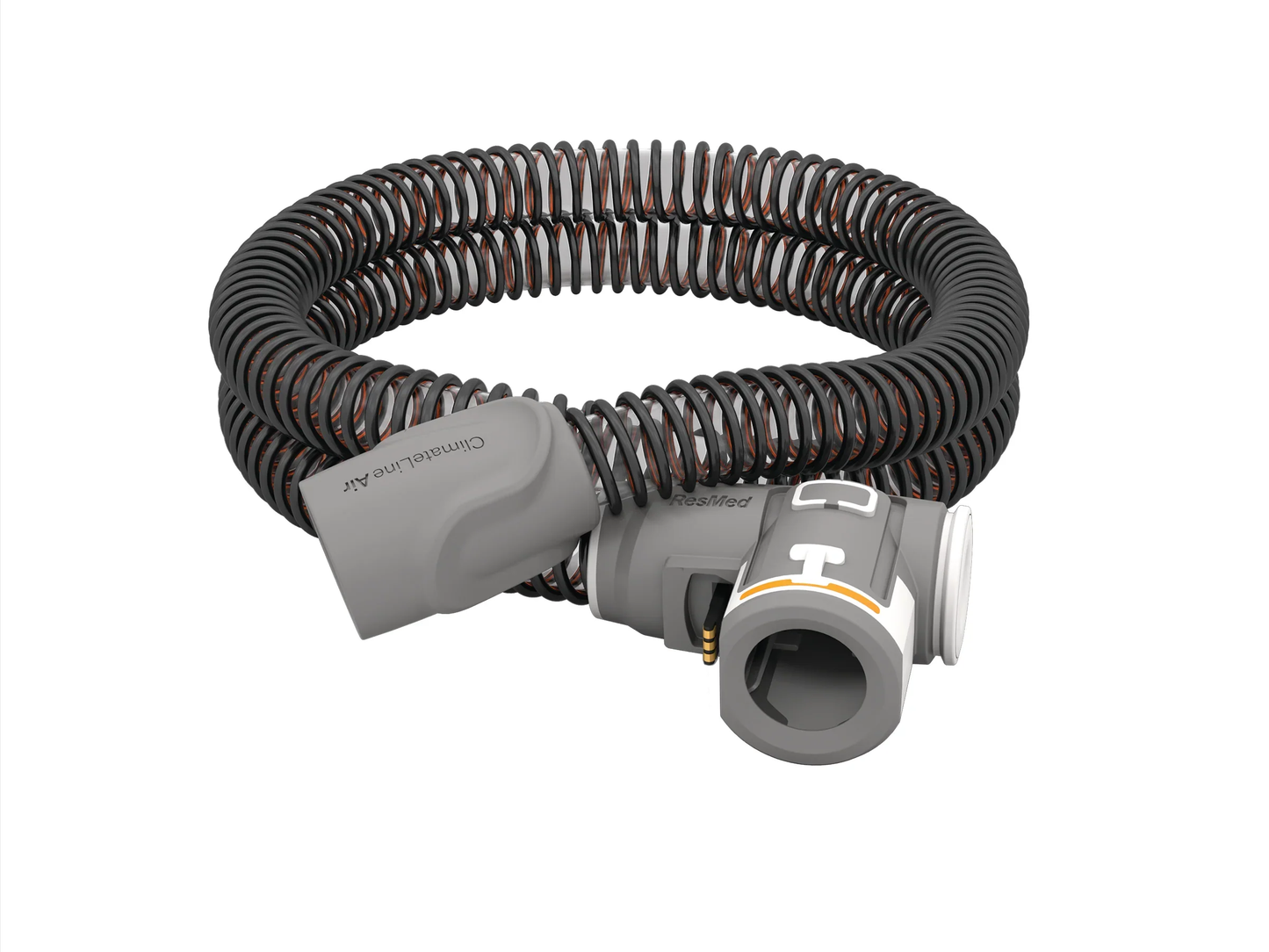 The ClimateLineAir Heated Tubing for AirSense 10 and AirCurve 10; a coiled, black heated tubing designed for CPAP therapy with a grey connector and a swivel connection.