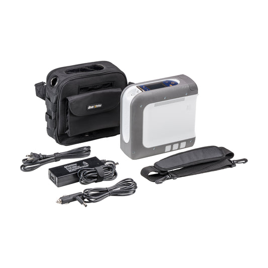 Portable oxygen concentrator, iGo2 model, with Bluetooth capability, displayed alongside its accessories including a carrying case, power cord, and shoulder strap.