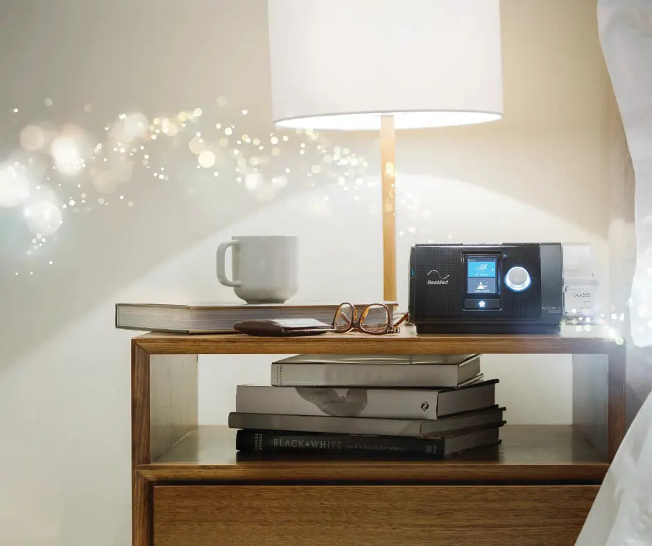 A BiPAP machine sits on a bedside table next to a mug, glasses, and books.