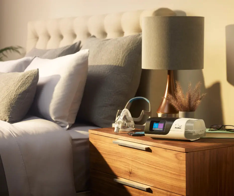 CPAP mask and machine on a bedside table