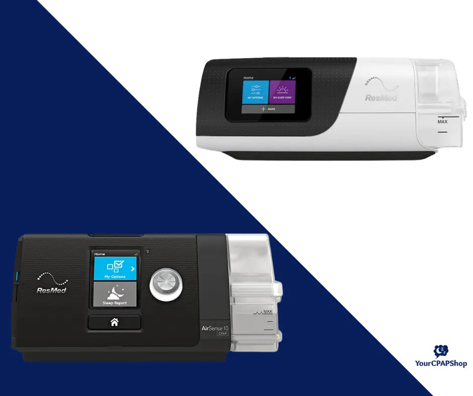 Side-by-side comparison of ResMed AirSense 10 and AirSense 11 CPAP machines on a split blue background.
