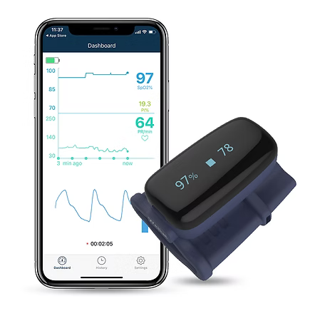 Smartphone displaying a health monitoring app with a device showing a reading on a white background
