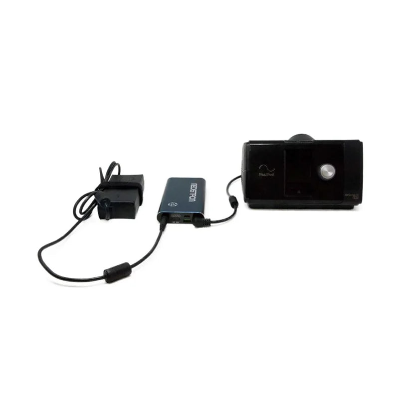 The Medistrom Pilot-Flex Battery Cable Kits connected to a CPAP machine
